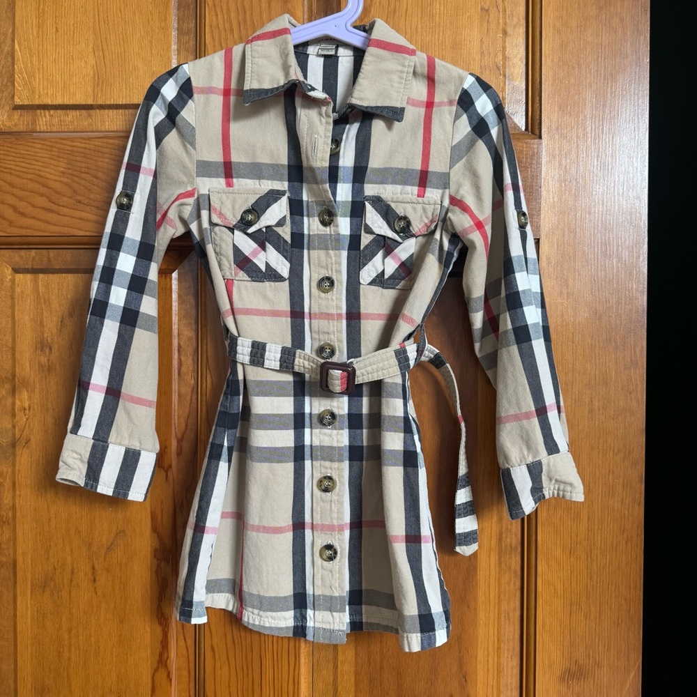 Burberry Beige Plaid Button-Front Kids Dress with Belt